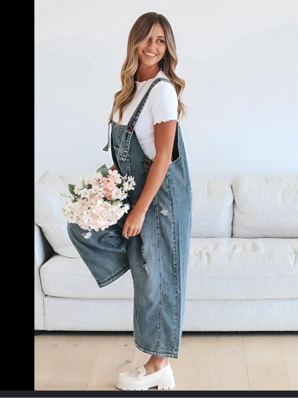 Blue Women's Distressed Denim Overalls - Picture 2 of 7